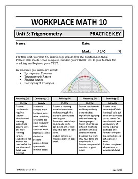 Preview of Workplace Math 10 Unit 5: Trigonometry PRACTICE ANSWER KEY