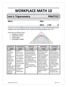 Preview of Workplace Math 10 Unit 5: Trigonometry PRACTICE (d)