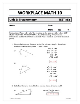 Preview of Workplace Math 10 Unit 5: Trigonometry TEST ANSWER KEY (d)