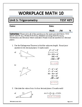 Preview of Workplace Math 10 Unit 5: Trigonometry TEST ANSWER KEY
