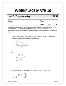 Preview of Workplace Math 10 Unit 5: Trigonometry TEST (d)