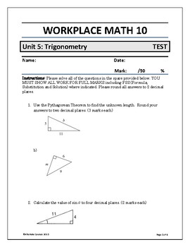 Preview of Workplace Math 10 Unit 5: Trigonometry TEST