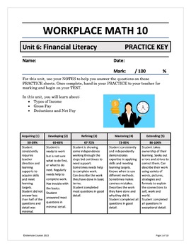 Preview of Workplace Math 10 Unit 6: Financial Literacy PRACTICE ANSWER KEY (d)