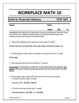 Preview of Workplace Math 10 Unit 6: Financial Literacy TEST ANSWER KEY