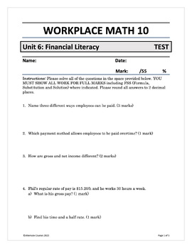 Preview of Workplace Math 10 Unit 6: Financial Literacy TEST (d)