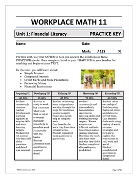 Preview of Workplace Math 11 Unit 1: Financial Literacy PRACTICE ANSWER KEY