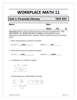 Preview of Workplace Math 11 Unit 1: Financial Literacy TEST ANSWER KEY