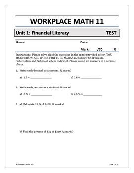 Preview of Workplace Math 11 Unit 1: Financial Literacy TEST
