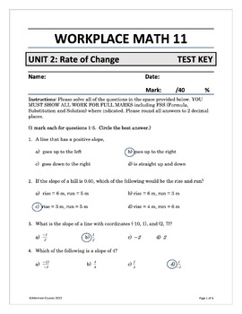 Preview of Workplace Math 11 Unit 2: Rate of Change TEST ANSWER KEY