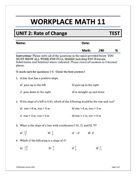 Preview of Workplace Math 11 Unit 2: Rate of Change TEST