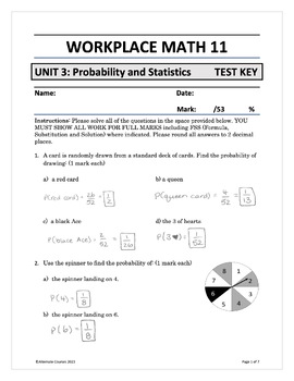 Preview of Workplace Math 11 Unit 3: Probability and Statistics TEST ANSWER KEY (digital)
