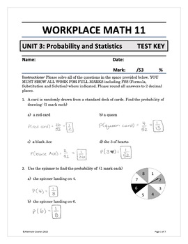 Preview of Workplace Math 11 Unit 3: Probability and Statistics TEST ANSWER KEY