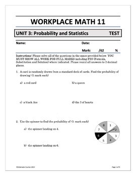 Preview of Workplace Math 11 Unit 3: Probability and Statistics TEST