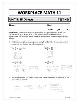 Preview of Workplace Math 11 Unit 5: 3D Objects TEST ANSWER KEY