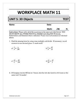 Preview of Workplace Math 11 Unit 5: 3D Objects TEST (digital)