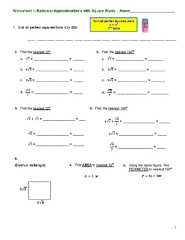 Preview of Radicals: Approximations with Square Roots - Worksheet 1