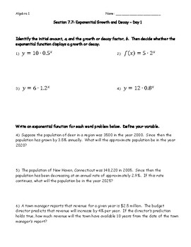 Preview of Worksheet - Algebra: Exponential Growth and Decay