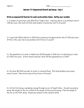 Preview of Worksheet - Algebra: Exponential Growth and Decay - Day 2