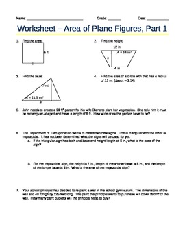 Preview of Worksheet - Area of Plane Figures, Part 1