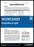 Worksheet - Properties of Light - Reflection, Refraction, 