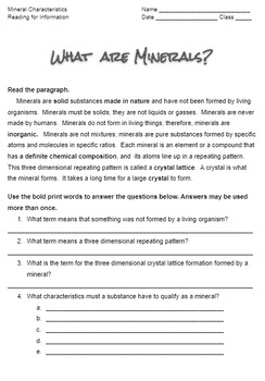 Preview of Worksheet Characteristics of Minerals Notes & Data Table