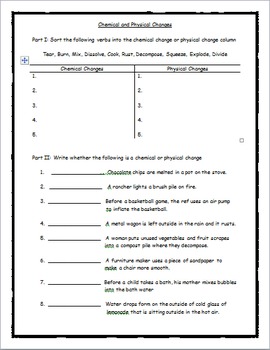 Worksheet: Chemical Physical Change by John Stanley | TpT