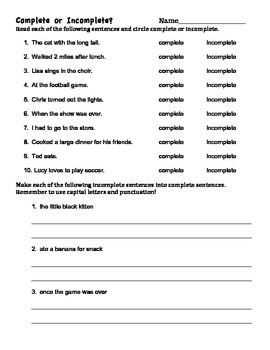 Preview of ~Worksheet Complete and Incomplete Sentences~ Homework Practice
