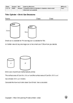Preview of Worksheet - Drink Can Decisions (Volume of Cylinder)