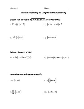 Preview of Worksheet - Evaluating with Absolute Value and the Distributive Property