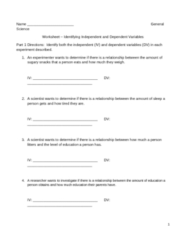Worksheet - Identifying Independent and Dependent Variables | TpT