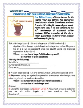 Worksheet: Identifying and Evaluating Algebraic Expression in a Coffee