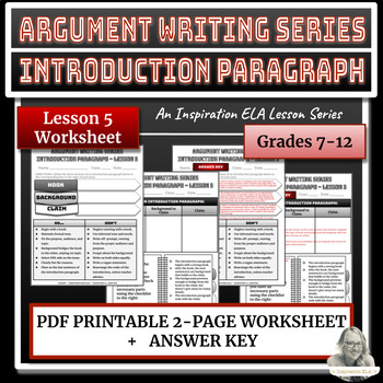 Preview of Worksheet - Introduction Paragraph for Argument Writing Lesson #5