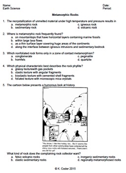 Worksheet - Metamorphic Rocks #1 *EDITABLE* (WITH ANSWERS EXPLAINED)