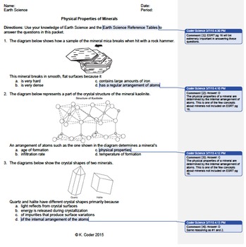 Worksheet - Minerals Physical Properties *EDITABLE* (WITH ANSWERS