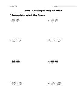 Preview of Worksheet - Multiplying and Dividing Algebraic Expressions