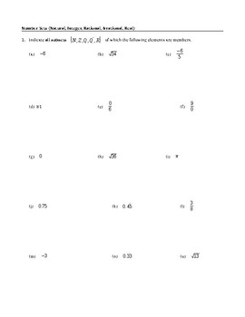 Worksheet: Number Sets (Natural, Integer, Rational ...