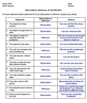 Worksheet Observations Inferences Classification Editable Tpt