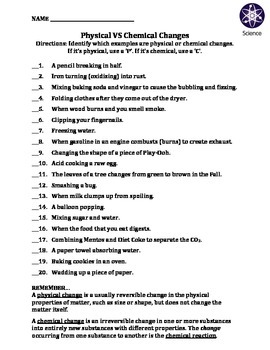 Worksheet: Physical Vs Chemical Changes by Travis Terry | TpT