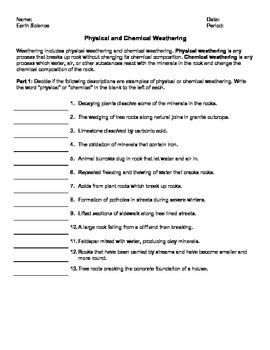 Preview of Worksheet - Physical and Chemical Weathering *Editable*