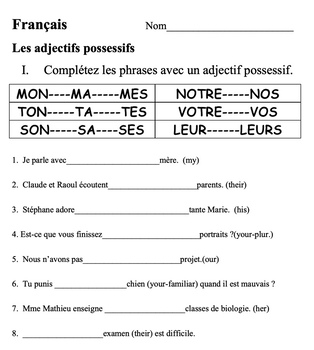 French Possessive Adjectives Worksheet / Quiz by Chez Madame M | TPT