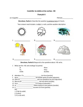 Preview of Worksheet/Quiz: Weather Expressions and -re verbs in French