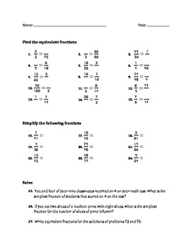 Preview of Worksheet: Simplifying fractions and equivalent fractions