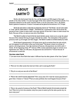 Preview of Worksheet: Solar System, About Earth