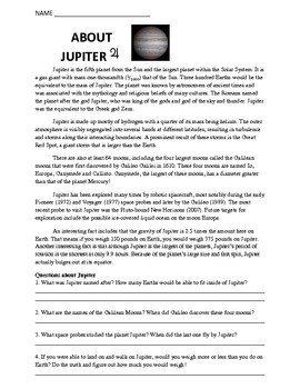 Preview of Worksheet: Solar System, About Jupiter