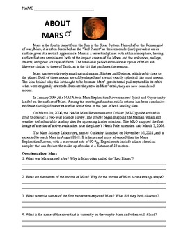 Preview of Worksheet: Solar System, About Mars