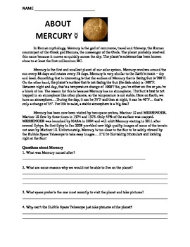 Preview of Worksheet: Solar System, About Mercury