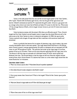 Preview of Worksheet: Solar System, About Saturn