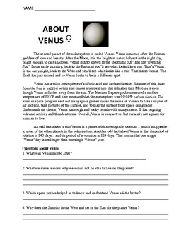 Preview of Worksheet: Solar System, About Venus