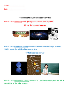 Preview of Worksheet/Test on Formation of the Universe Vocabulary