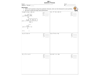 Preview of Worksheet: The Quadratic Formula